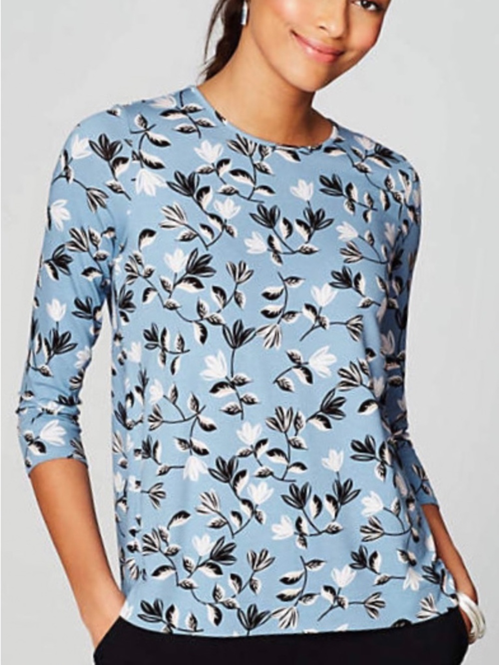 J.Jill Wearever Blue Floral 3/4 Sleeve Crew Neck Casual Top Size Small #2519
